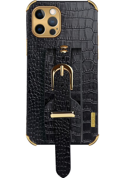 Iphone 12 Pro Telefon Kılıfı 6d Timsah Dokusu Elektrokaplanmış Pu Deri Kaplamalı Tpu Telefon Kılıfı Bilek Kayışı ile -Black (Yurt Dışından)