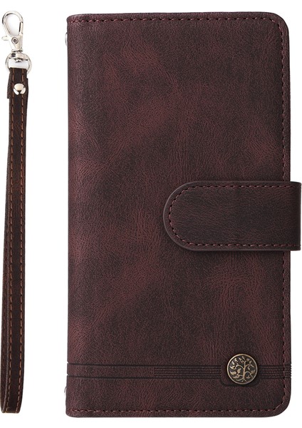 Iphone 12/12 Pro Phone Case Stripes Baskılı Cilt Touch Cüzdan Stand Deri Kapak Çoklu Kart Yuvaları Fermuar Cep -Brown ile Flip Koruyucu Kılıf (Yurt Dışından)