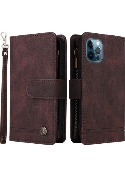Iphone 12/12 Pro Phone Case Stripes Baskılı Cilt Touch Cüzdan Stand Deri Kapak Çoklu Kart Yuvaları Fermuar Cep -Brown ile Flip Koruyucu Kılıf (Yurt Dışından)