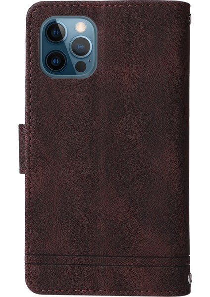 Iphone 12/12 Pro Phone Case Stripes Baskılı Cilt Touch Cüzdan Stand Deri Kapak Çoklu Kart Yuvaları Fermuar Cep -Brown ile Flip Koruyucu Kılıf (Yurt Dışından)