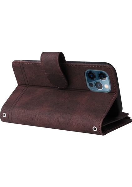 Iphone 12/12 Pro Phone Case Stripes Baskılı Cilt Touch Cüzdan Stand Deri Kapak Çoklu Kart Yuvaları Fermuar Cep -Brown ile Flip Koruyucu Kılıf (Yurt Dışından)