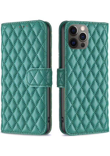 Iphone 12 Pro Telefon Kılıfı Için Baskılı Rhombus Desen Deri Cüzdan Kılıfı Kredi Kartı Sahibi Flip Folio Kitabı Manyetik Pu Telefon Kapak Yeşil (Yurt Dışından)