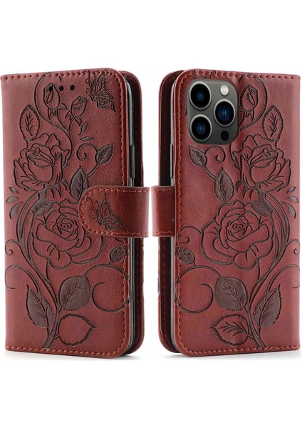 Iphone 12/12 Pro Telefon Kılıfı Için Baskılı Güller Telefon Kılıfı Damla Geçirmez Pu Deri Deri Kapak Cüzdan Stand Koruyucu Telefon Kabuk-Kahverengi (Yurt Dışından)
