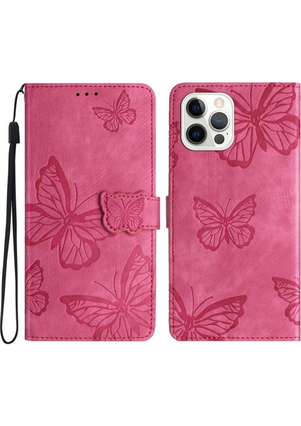 Iphone 12/12 Pro Skin-Touch Pu Deri Stand Cüzdan Kılıf Kelebek Baskılı Telefon Kapağı Gül (Yurt Dışından)