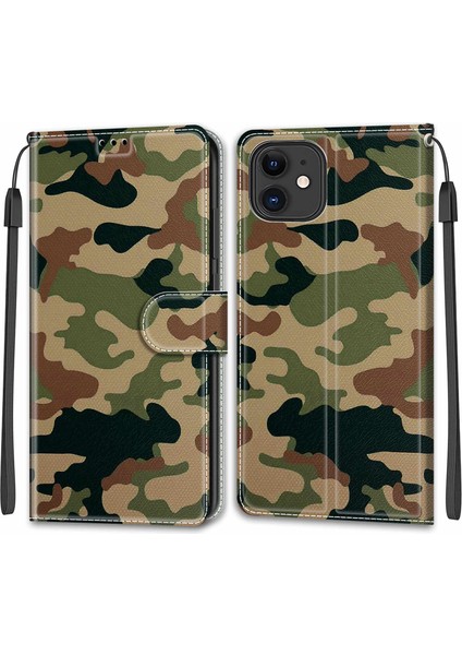 Iphone 12/12 Pro Telefon Kılıfı Şık Baskı Tasarımı Tasarım Anti -Collision Deri Deri Stand Telefon Kılıfı Kullanışlı Kayış -Kamuflaj (Yurt Dışından)