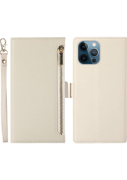 Iphone 12 Pro Max Zipper Cep Tasarımı Için Litchi Doku Telefon Kılıfı, Pu Deri Deri Şok Geçirmez Flip Kapak Cüzdanı Strap-White (Yurt Dışından)