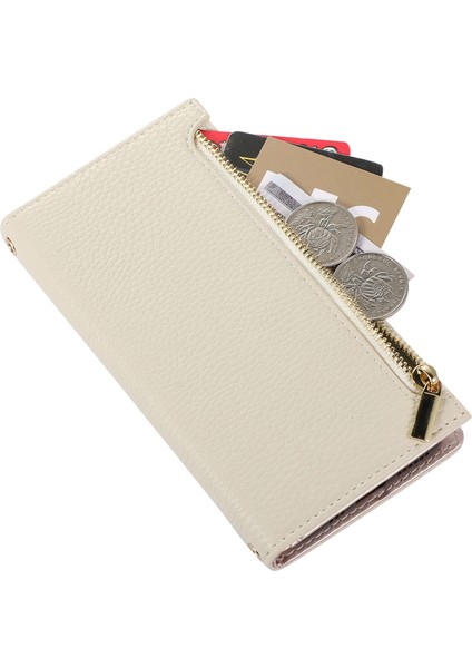 Iphone 12 Pro Max Zipper Cep Tasarımı Için Litchi Doku Telefon Kılıfı, Pu Deri Deri Şok Geçirmez Flip Kapak Cüzdanı Strap-White (Yurt Dışından)