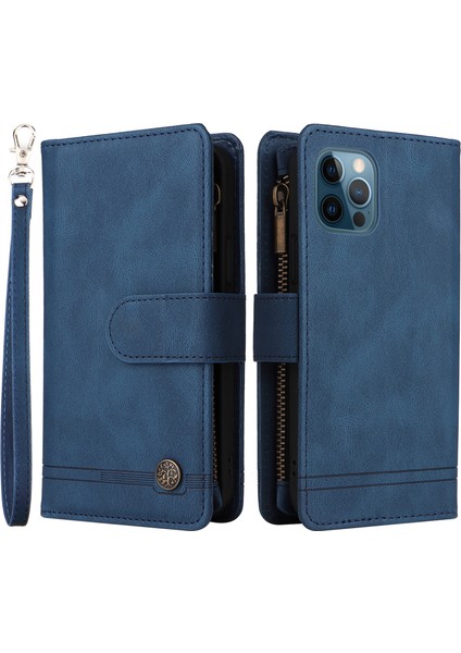 Iphone 12/12 Pro Phone Case Stripes Baskılı Cilt Touch Cüzdan Stand Deri Kapak Çoklu Kart Yuvaları Fermuar Cepi ile Flip Koruyucu Kılıf -Blue (Yurt Dışından)