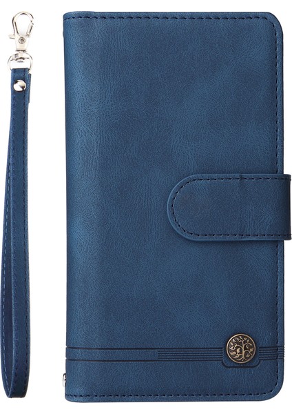 Iphone 12/12 Pro Phone Case Stripes Baskılı Cilt Touch Cüzdan Stand Deri Kapak Çoklu Kart Yuvaları Fermuar Cepi ile Flip Koruyucu Kılıf -Blue (Yurt Dışından)