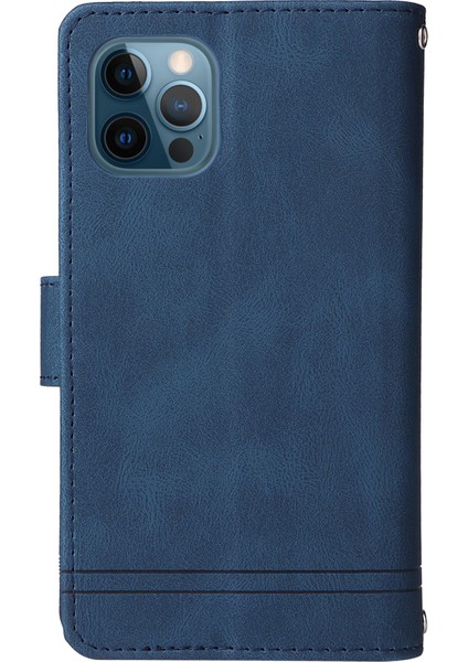 Iphone 12/12 Pro Phone Case Stripes Baskılı Cilt Touch Cüzdan Stand Deri Kapak Çoklu Kart Yuvaları Fermuar Cepi ile Flip Koruyucu Kılıf -Blue (Yurt Dışından)