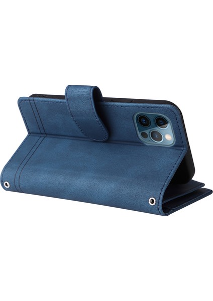 Iphone 12/12 Pro Phone Case Stripes Baskılı Cilt Touch Cüzdan Stand Deri Kapak Çoklu Kart Yuvaları Fermuar Cepi ile Flip Koruyucu Kılıf -Blue (Yurt Dışından)
