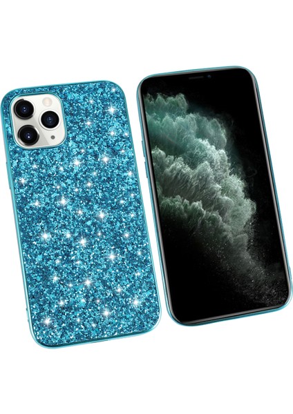 IPhone 12 Pro Max 6.7 Inç Için Işıltılı Payetler Kaplama Tpu Çerçevesi + Pc Hibrit Kabuk Kasası - Mavi (Yurt Dışından)