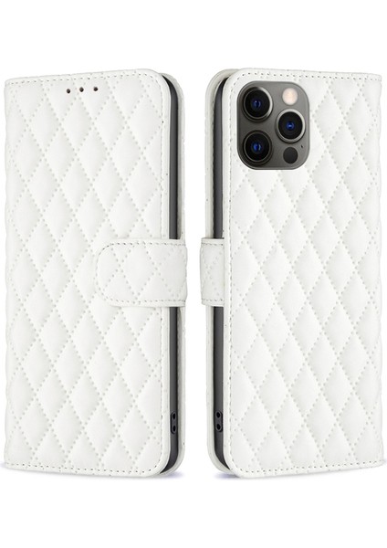 Iphone 12 Pro Telefon Kılıfı Için Baskılı Rhombus Desen Deri Cüzdan Kılıfı Kredi Kartı Sahibi Flip Folio Kitabı Manyetik Pu Telefon Kapak-Beyaz (Yurt Dışından)