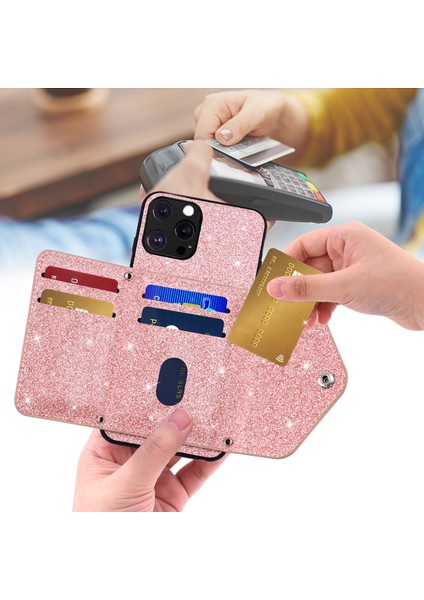 Iphone 12 Pro Max Kickstand Card Tutucu Telefon Kılıfı Pu Derisi+Tpu Glittery Pudra Telefon Kabuk Pembe (Yurt Dışından) fiyatları