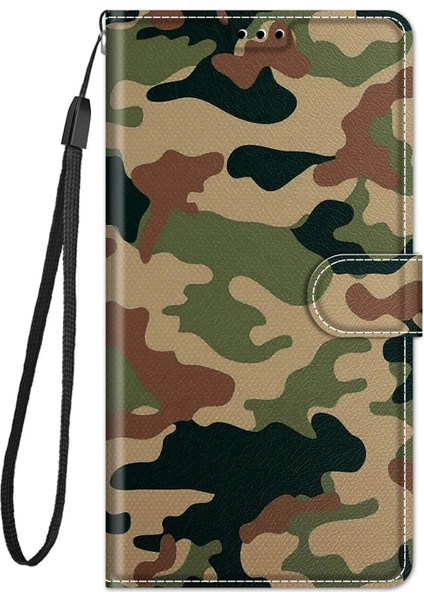 Iphone 12/12 Pro Telefon Kılıfı Şık Baskı Tasarımı Tasarım Anti -Collision Deri Deri Stand Telefon Kılıfı Kullanışlı Kayış -Kamuflaj (Yurt Dışından)
