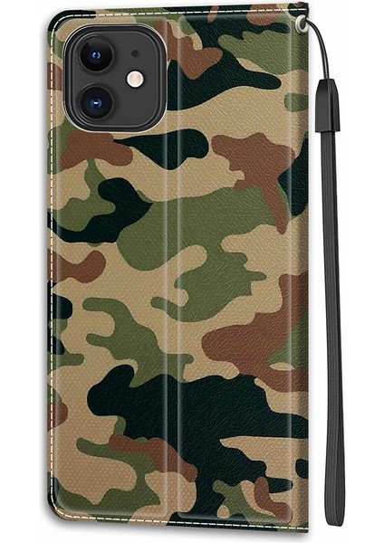 Iphone 12/12 Pro Telefon Kılıfı Şık Baskı Tasarımı Tasarım Anti -Collision Deri Deri Stand Telefon Kılıfı Kullanışlı Kayış -Kamuflaj (Yurt Dışından)