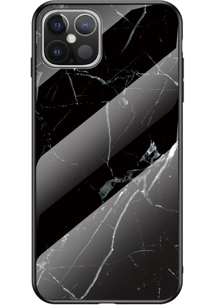Mermer Tahıl Deseni Temperli Cam Pc + Tpu Hibrit Kılıf Iphone 12 Pro Max 6.7 Inç - Siyah (Yurt Dışından)