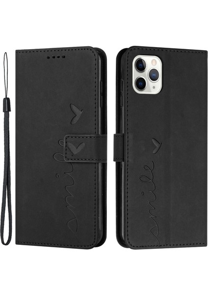 Iphone 12 Pro Max Telefon Kılıfı Kalp Şekli Kılıf Deri Touch Hissed Hissediyor Pu Deri Stand Cüzdan Telefon Kabuğu Strap-Black (Yurt Dışından)