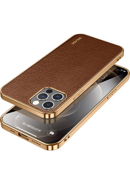 Iphone 12/12 Pro - Brown Için Litchi Doku Pu Deri Kaplamalı Tpu Cep Telefon Kılıfı (Yurt Dışından)
