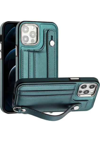 Iphone 12/12 Pro Kickstand Case Yb Deri Kaplama Serisi-5 Kart Tutucu Tpu Telefon Kapak Yeşil (Yurt Dışından)