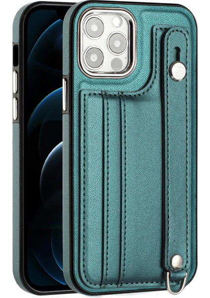 Iphone 12/12 Pro Kickstand Case Yb Deri Kaplama Serisi-5 Kart Tutucu Tpu Telefon Kapak Yeşil (Yurt Dışından)