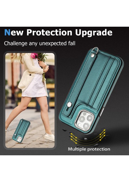 Iphone 12/12 Pro Kickstand Case Yb Deri Kaplama Serisi-5 Kart Tutucu Tpu Telefon Kapak Yeşil (Yurt Dışından)