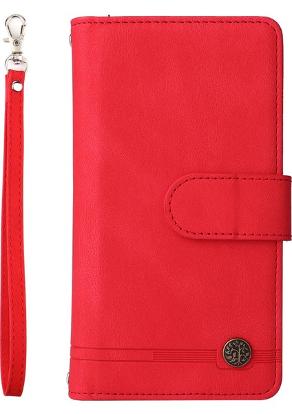 Iphone 12/12 Pro Phone Case Stripes Baskılı Cilt Touch Cüzdan Stand Deri Kapak Çoklu Kart Yuvaları Fermuar Cep -Red ile Flip Koruyucu Kılıf (Yurt Dışından)