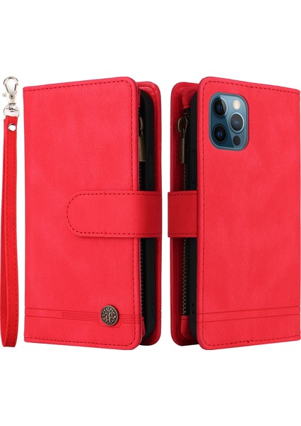 Iphone 12/12 Pro Phone Case Stripes Baskılı Cilt Touch Cüzdan Stand Deri Kapak Çoklu Kart Yuvaları Fermuar Cep -Red ile Flip Koruyucu Kılıf (Yurt Dışından)