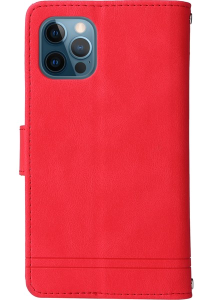 Iphone 12/12 Pro Phone Case Stripes Baskılı Cilt Touch Cüzdan Stand Deri Kapak Çoklu Kart Yuvaları Fermuar Cep -Red ile Flip Koruyucu Kılıf (Yurt Dışından)