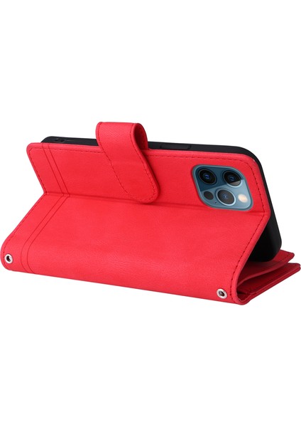 Iphone 12/12 Pro Phone Case Stripes Baskılı Cilt Touch Cüzdan Stand Deri Kapak Çoklu Kart Yuvaları Fermuar Cep -Red ile Flip Koruyucu Kılıf (Yurt Dışından)
