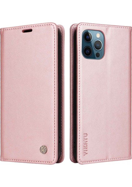 Iphone 12 Pro Max Telefon Kılıfı Magnicy Kapatma Telefon Kılıfı YK-001 Bırak-Kötü Pu Deri Kapak Flip Cüzdan Stand-Rose Gold (Yurt Dışından)