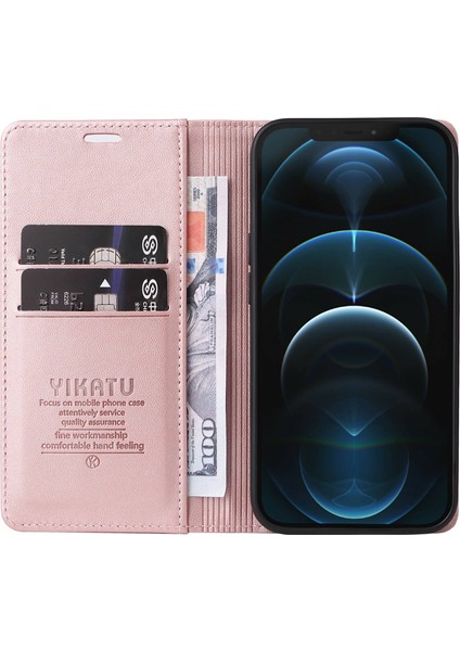 Iphone 12 Pro Max Telefon Kılıfı Magnicy Kapatma Telefon Kılıfı YK-001 Bırak-Kötü Pu Deri Kapak Flip Cüzdan Stand-Rose Gold (Yurt Dışından) modelleri