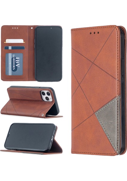 Iphone 12 Pro/12 Için Kart Yuvalı Geometrik Desen Deri Stand Kılıfı - Kahverengi (Yurt Dışından)