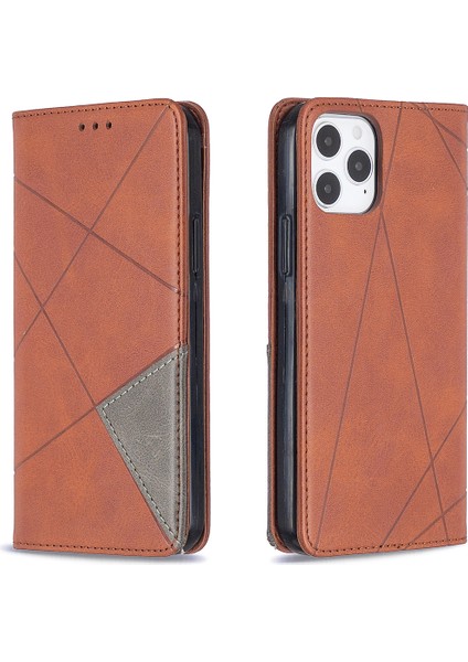 Iphone 12 Pro/12 Için Kart Yuvalı Geometrik Desen Deri Stand Kılıfı - Kahverengi (Yurt Dışından) fırsatları