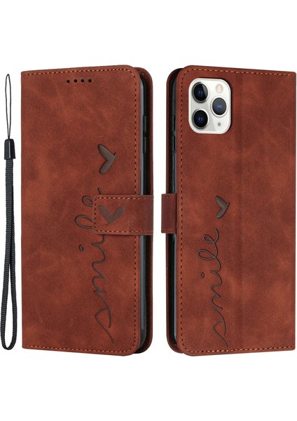 Iphone 12/12 Pro Telefon Kılıfı Kalp Şekli Baskı Kılıf Anti-Drop Cilt Touch Hissed Hisset Pu Deri Stand Cüzdan Telefon Kabuğu Strap-Brown (Yurt Dışından)