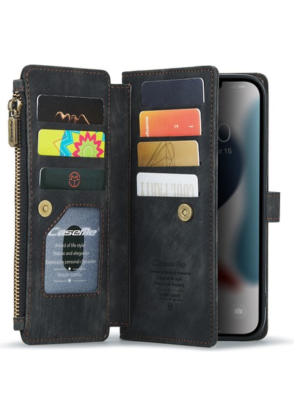 Iphone 12 Pro Max Telefon Kılıfı Anti -Fall Birden Çok Kart Yuvası Zippered Cüzdan Pu Deri Telefon Kılıfı Stand -Black (Yurt Dışından)