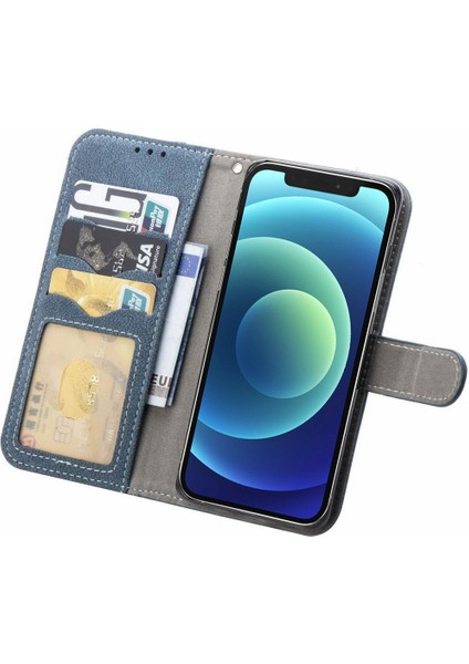 Iphone 12/12 Pro Telefon Kılıfı Için Retro Doku Cep Telefon Kılıfı Anti-Çizgi Pu Deri Dergi Dönen Kart Yuvaları Tutucu Stand Cüzdan Kapak Mavisi (Yurt Dışından)