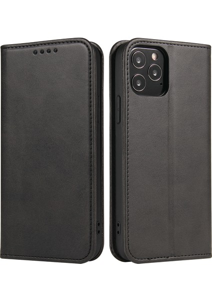Buzağı Doku Deri Kapağı Iphone 12 Pro Max 6.7 Inç Manyetik Stand Telefon Kılıfı Cüzdan Black (Yurt Dışından)