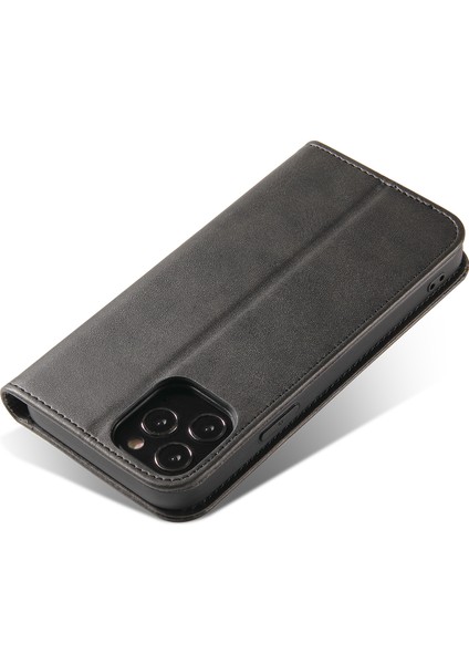 Buzağı Doku Deri Kapağı Iphone 12 Pro Max 6.7 Inç Manyetik Stand Telefon Kılıfı Cüzdan Black (Yurt Dışından)