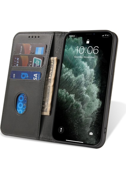 Buzağı Doku Deri Kapağı Iphone 12 Pro Max 6.7 Inç Manyetik Stand Telefon Kılıfı Cüzdan Black (Yurt Dışından)