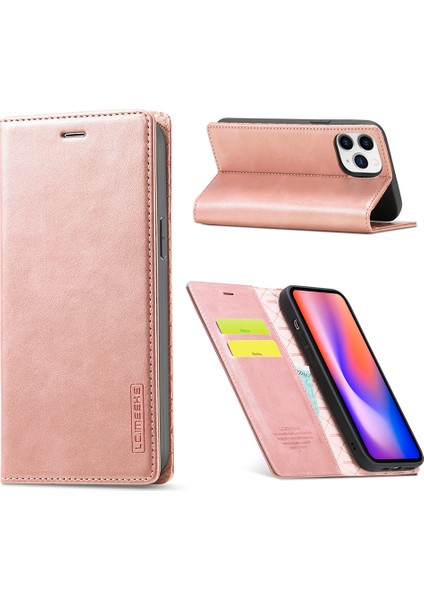 Iphone 12 Pro Max Için Otomatik Emilmiş Cüzdan Deri Mobil Kapak - Gül Altın (Yurt Dışından)