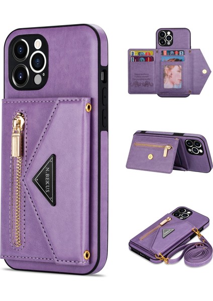Iphone 12 Pro Max Kickstand Tasarım Cüzdanı Iyi Korunmuş Pu Deri+Tpu Cep Telefon Kılıfı Uzun Kordon-Mor ile (Yurt Dışından)