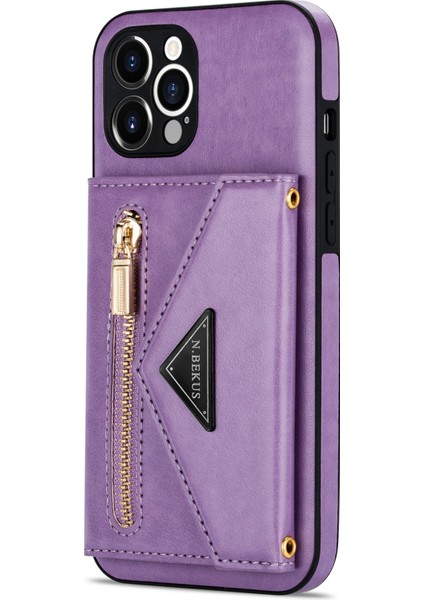 Iphone 12 Pro Max Kickstand Tasarım Cüzdanı Iyi Korunmuş Pu Deri+Tpu Cep Telefon Kılıfı Uzun Kordon-Mor ile (Yurt Dışından)