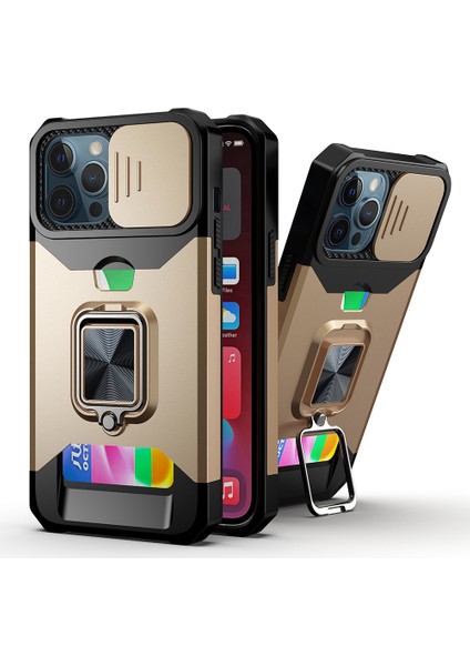 Iphone 12 Pro Max Telefon Kılıfı Kamera Kaydırıcı Hibrit Telefon Kılıfı Kart Tutucu ile Rotary Kickstand Shell -Gold Için (Yurt Dışından)