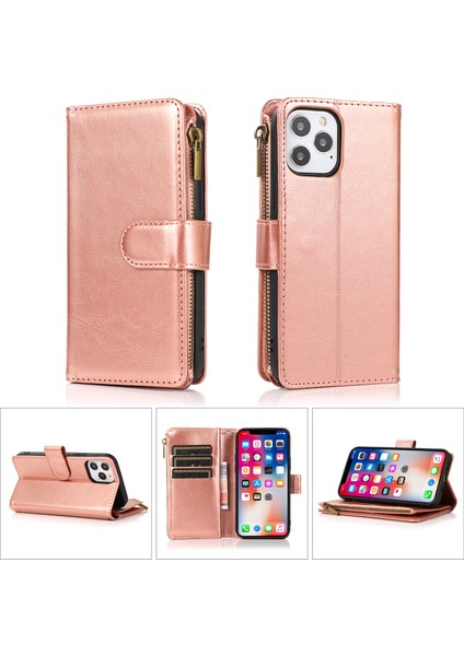 Iphone 12 Pro Max Telefon Kılıfı Için Çılgın At Deri Kaplamalı Tpu Cüzdan Telefon Stand 9 Kart Yuvası Kickstand Shell -Rose Altın (Yurt Dışından)