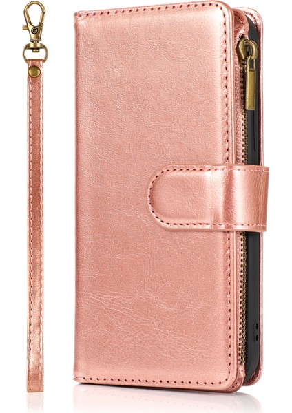 Iphone 12 Pro Max Telefon Kılıfı Için Çılgın At Deri Kaplamalı Tpu Cüzdan Telefon Stand 9 Kart Yuvası Kickstand Shell -Rose Altın (Yurt Dışından)