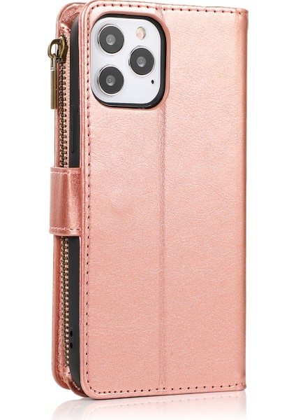 Iphone 12 Pro Max Telefon Kılıfı Için Çılgın At Deri Kaplamalı Tpu Cüzdan Telefon Stand 9 Kart Yuvası Kickstand Shell -Rose Altın (Yurt Dışından)