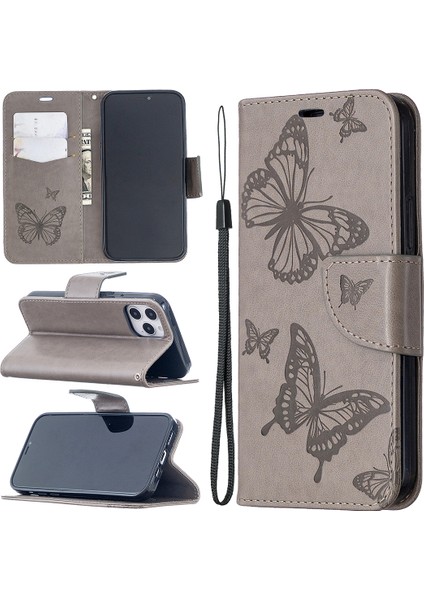 Iphone 12 Pro/12 Için Cüzdan Deri Stand Kılıfı ile Kelebek Düzeni - Gri (Yurt Dışından)