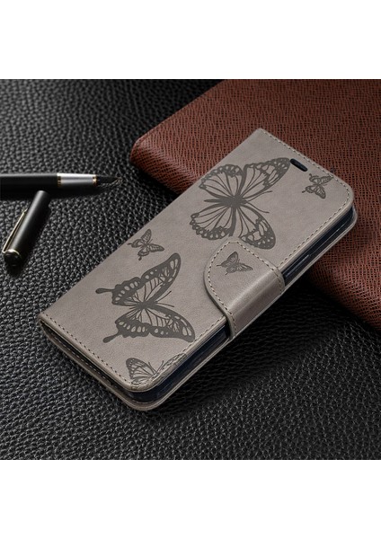 Iphone 12 Pro/12 Için Cüzdan Deri Stand Kılıfı ile Kelebek Düzeni - Gri (Yurt Dışından)