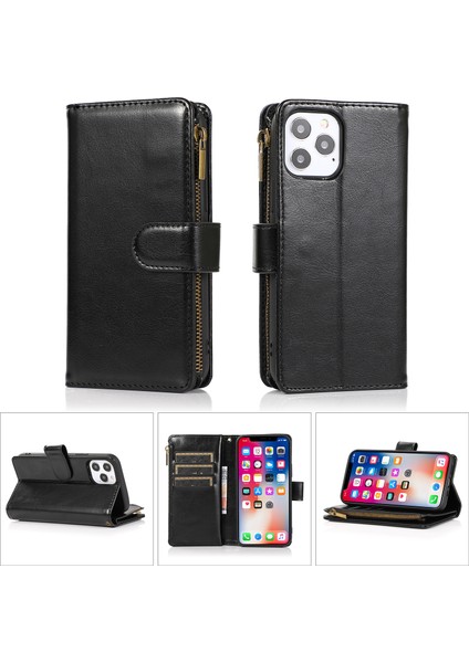 Iphone 12 Pro Max Telefon Kılıfı Için Çılgın At Deri Kaplamalı Tpu Cüzdan Telefon Stand 9 Kart Yuvası Kickstand Shell -Black (Yurt Dışından)